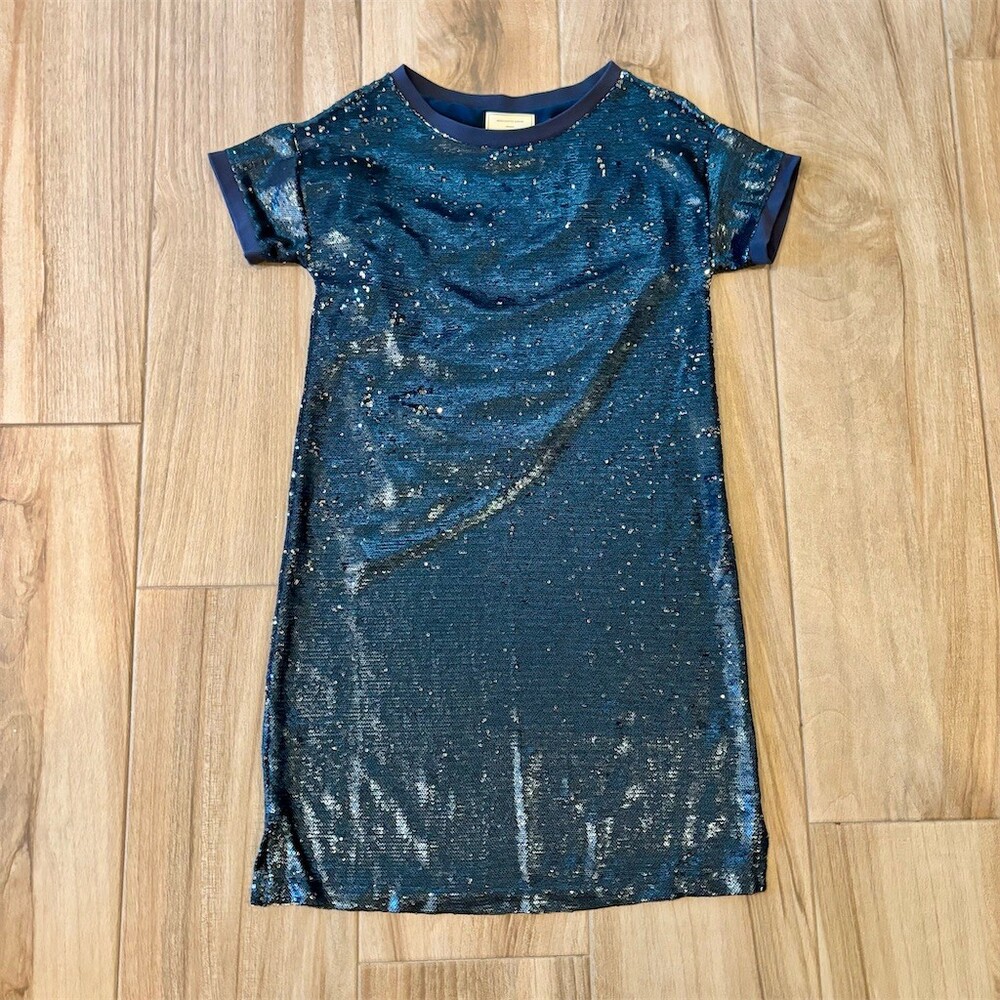 Moulinette Soeurs Anthropologie Dress Womens XS Blue Sequin Shift Midi